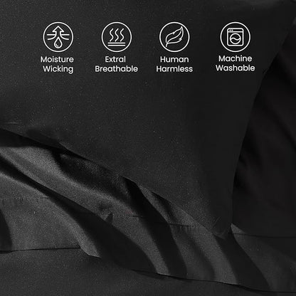 SLEEP ZONE Nanotex Super Soft Cooling Full Size Bed Sheets Set 4 Piece - Easy Care Fitted Flat Sheet & Pillowcase Sets - Wrinkle Free, Fade Resistant, Deep Pocket 16" (Black, Full)