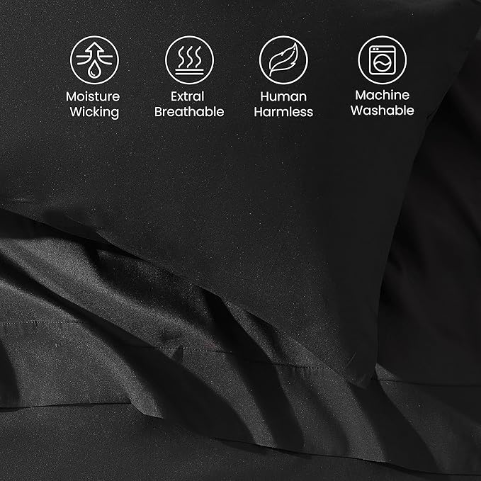 SLEEP ZONE Nanotex Super Soft Cooling King Bed Sheets Set 4 Piece - Easy Care Fitted Flat Sheet & Pillowcase Sets - Wrinkle Free, Fade Resistant, Deep Pocket 16" (Black, King)