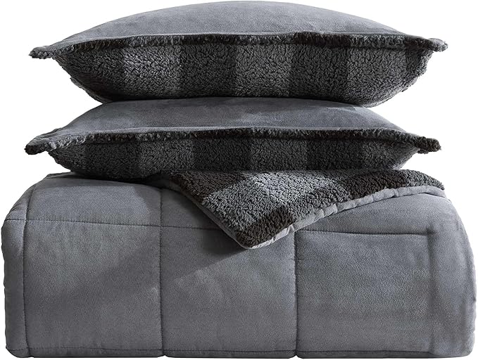 Eddie Bauer - Queen Comforter Set, Microsuede Bedding with Soft Plush Faux Shearling Reverse, 3 Piece Bed Set with Matching Pillowcases (Cabin Plaid Grey)