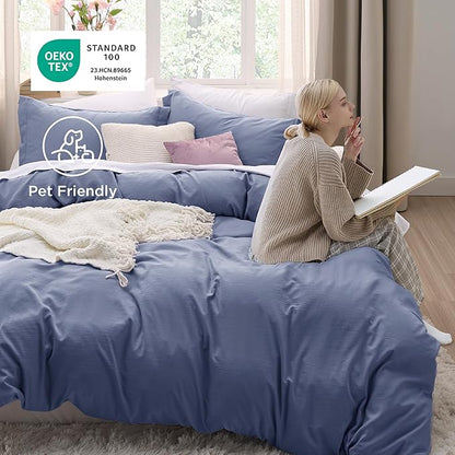 Bedsure Slate Blue Duvet Cover King Size - 3 Pieces Prewashed Cotton-Like Extra Soft Bedding Set, Includes 1 Duvet Cover 104x90 Inches with Zipper Closure & 2 Pillow Shams, Comforter Not Included