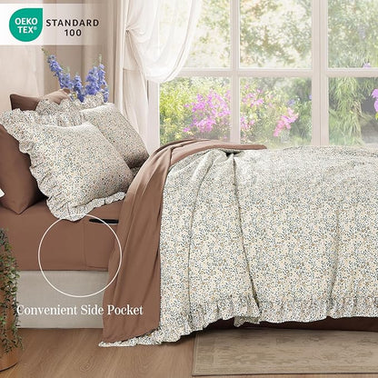 King Comforter Set - 7 Pieces Ruffle Beige Ditzy Bedding Sets, Shabby Chic Farmhouse Bed in a Bag King with Floral Comforter, Sheets, Pillowcases & Shams