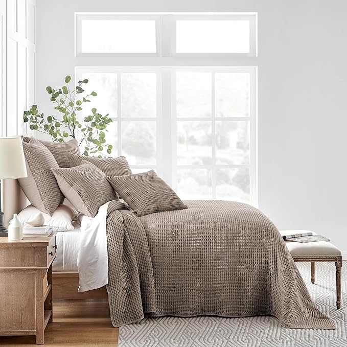 Levtex Home Mills Waffle Twin Bedspread Set (84x104in) with 1 Pillow Sham (26x20in) - Cocoa - Cotton Waffle Twin Size Bedspread Set - Lightweight, Soft, Pre-Washed
