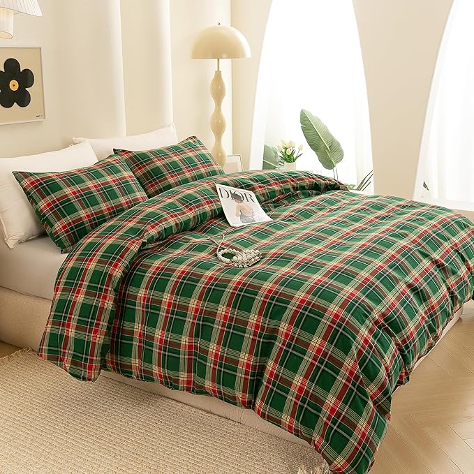 ECOCOTT Buffalo Plaid Duvet Cover King Size– 3 Piece Green Checkered Bedding Set, 100% Washed Cotton, Soft Breathable Reversible Design with Zipper Closure & Corner Ties