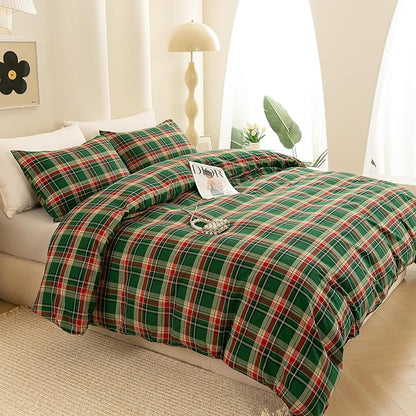 ECOCOTT Buffalo Plaid Duvet Cover King Size– 3 Piece Green Checkered Bedding Set, 100% Washed Cotton, Soft Breathable Reversible Design with Zipper Closure & Corner Ties