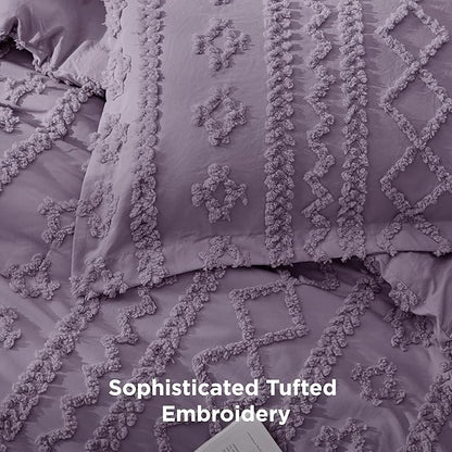 Bedsure Tufted Boho Comforter Set Twin Size - Grayish Purple Boho Bed Set, GentleSoft™ 2 Pieces Farmhouse Shabby Chic Embroidery Bedding, Gifts for Woman, Soft Jacquard Twin Comforter for All Seasons