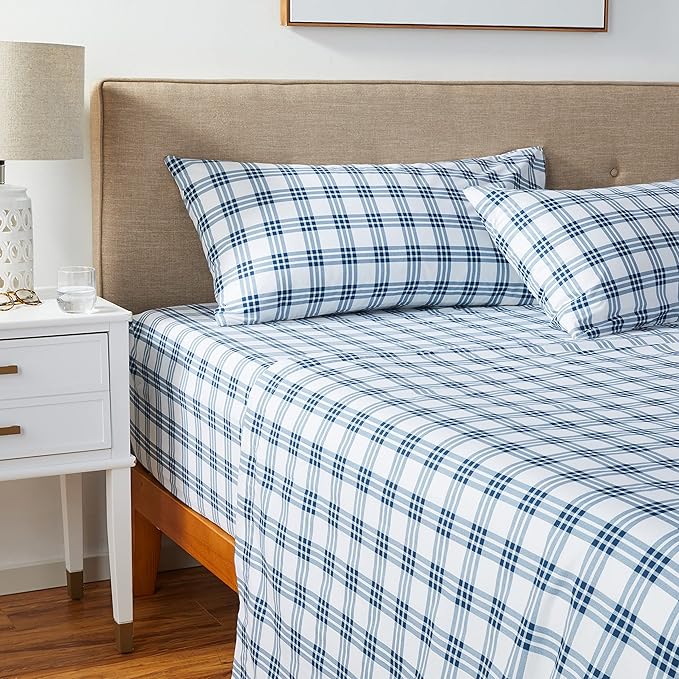 Eddie Bauer - King Sheets, Cotton Percale Bedding Set, Crisp & Cool Home Decor (Navy Plaid, King)