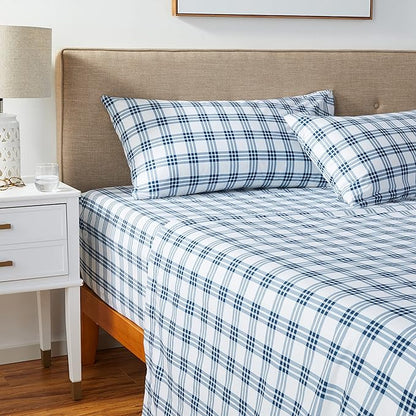Eddie Bauer - King Sheets, Cotton Percale Bedding Set, Crisp & Cool Home Decor (Navy Plaid, King)