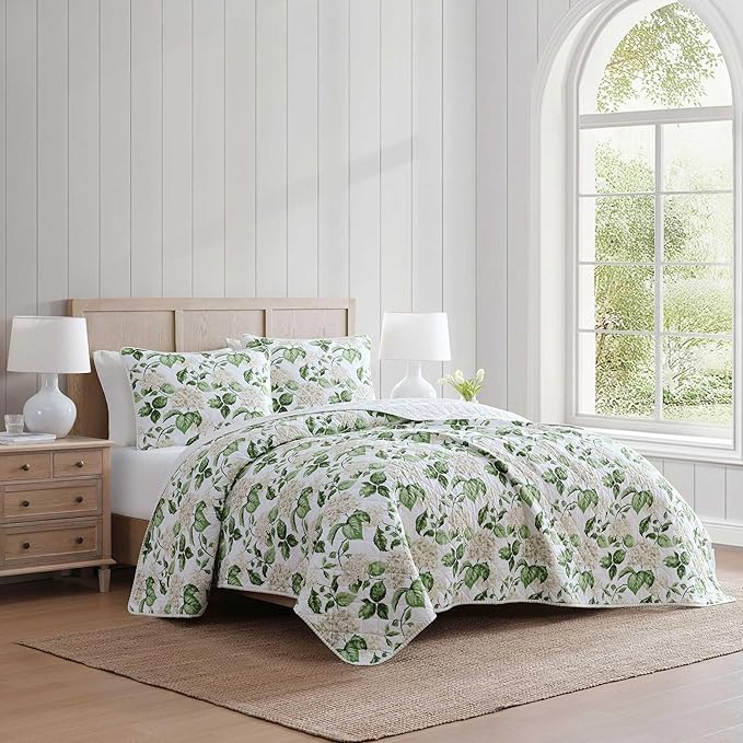 Martha Stewart - King Quilt Set, 100% Soft Cotton Floral Bedding for Year Round Comfort, 3 Piece Bed Set with Matching Pillowcases (Hydrangea Floral Beige)