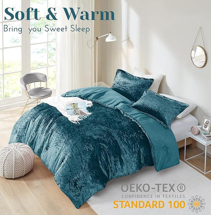 Comfort Spaces Juliette Luxe Comforter Set Velvet Lush with Soft Brushed Microfiber Reverse, All Season Cozy Velvet Bedding Sets, Fluffy Comforter Bed Set, Matching Sham, Teal Twin/Twin XL 2 Piece