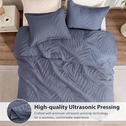 EXQ Home Quilt Set King Size Bluish Grey 3 Piece,Lightweight Soft Coverlet Modern Style Leaf Pattern Bedspread Set(1 Quilt,2 Pillow Shams)