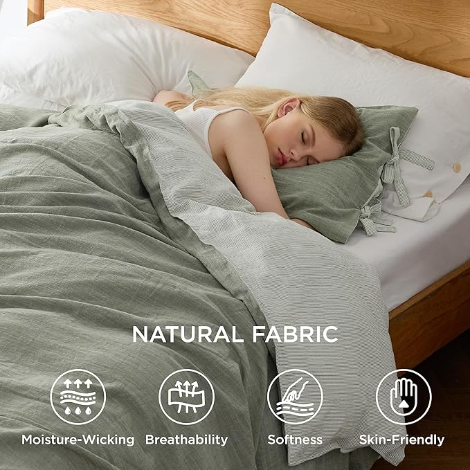 Bedsure Striped Duvet Cover King Size – Moisture-Wicking Eucalyptus Lyocell, Cotton & Linen Hybrid Comforter Cover Set with Bowknot Ties Closure – GentleSoft™ & Breathable Bedding Set – Seaweed Green