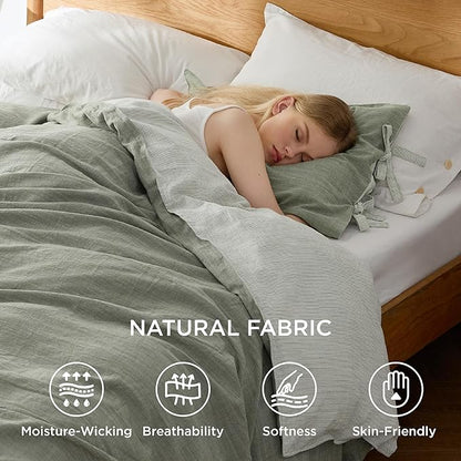 Bedsure Striped Duvet Cover King Size – Moisture-Wicking Eucalyptus Lyocell, Cotton & Linen Hybrid Comforter Cover Set with Bowknot Ties Closure – GentleSoft™ & Breathable Bedding Set – Seaweed Green
