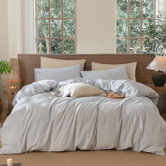 MooMee Striped Duvet Cover Set 100% Washed Cotton Linen Like Textured Breathable Durable Soft Comfy (Cornflower Blue White Pinstripes, Oversized King Plus 128"x120")
