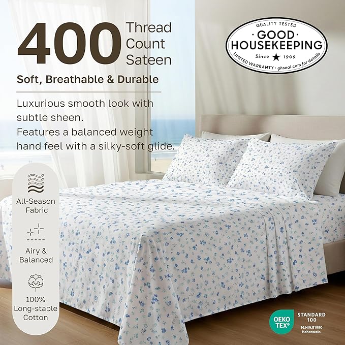 California Design Den Floral Pattern King Size Sheets Set - 400 Thread Count, Soft Sateen, Natural 100% Cotton Sheets, Deep Pockets, and Durable Bedding Set - Blooming Meadows