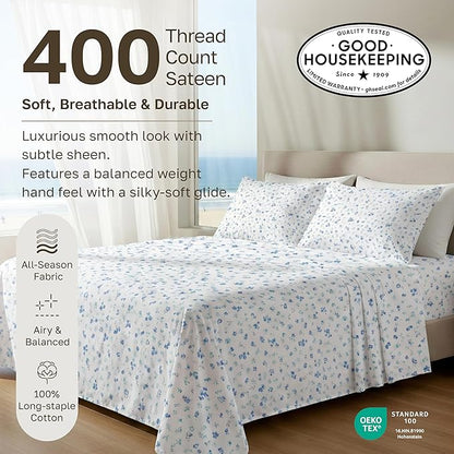 California Design Den Full Size Bed Sheets Set - 400 Thread Count Sateen, Natural 100% Cotton Sheets, Deep Pocket and Durable Bedding - Blooming Meadows