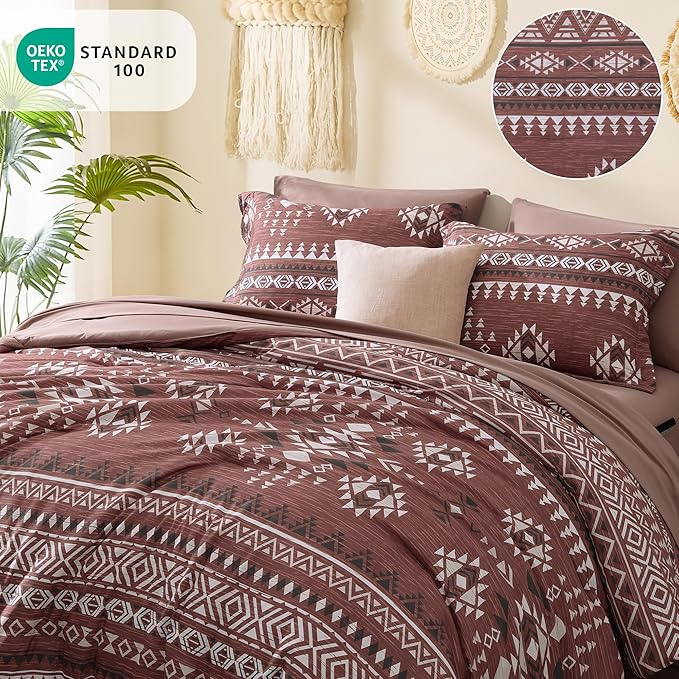 Geniospin Queen Comforter Set - 7 Pieces Bedding Set, Boho Bed in A Bag, Lightweight Soft Aztec Bedding, All Season Bed Comforter Set with Sheets, Pillowcases & Shams