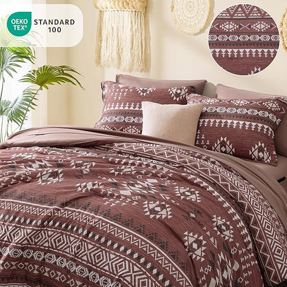 Geniospin Queen Comforter Set - 7 Pieces Bedding Set, Boho Bed in A Bag, Lightweight Soft Aztec Bedding, All Season Bed Comforter Set with Sheets, Pillowcases & Shams