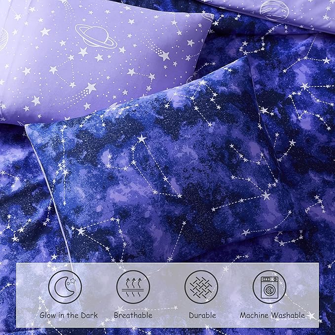 Twin Comforter Set - 5 Pieces Girls Boys Galaxy Glow in the Dark Twin Bedding Sets for Kids, Ultra Soft Bed in A Bag with Sheets
