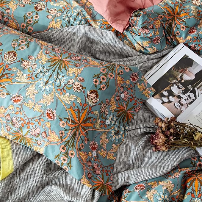 mixinni Vintage Floral Duvet Cover Twin XL Boho Bedding Soft Cotton Flower Pattern Bedding Set with Zipper Ties Perfect for Girls,Ultra Soft, Breathable, Comfortable(3pcs, Twin XL Size)