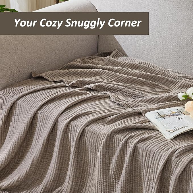 EMME Cotton Muslin Queen Blanket Bed Layering Bedspread Coverlet Breathable Gauze Soft Lightweight Blankets (Heather Brown, 90"x90")
