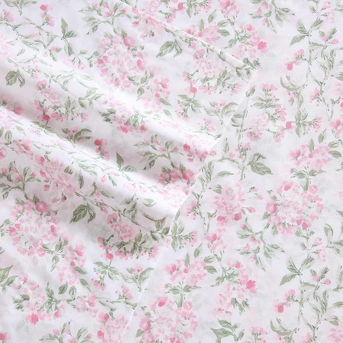 Laura Ashley - Full Sheet Set, Crisp & Cool Cotton Percale Bedding for Year Round Comfort, Deep Pocket, Bed Sheets with Matching Pillowcases (Blossom Bliss Pink)