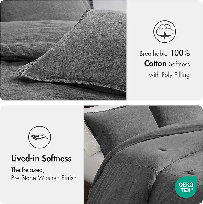 Woolrich Twin Comforter Set Cotton Stone Washed, Oversized Comforters Twin Size Bed, All Season Down Alternative Overfilled Twin Size Comforter, McKenzie, Twin/Twin XL Grey 2 Piece