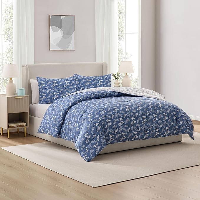 Nestl Full Size Comforter Sets - Slate Blue Bed in a Bag Full Size, 3 Pieces Reversible Bed Set, Soft Floral Bedding Set, All Season Botanical Comforters with Pillow Shams