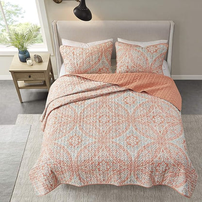Comfort Spaces Reversible Quilt Set-Vermicelli Stitching Design All Season, Lightweight, Coverlet Bedspread Bedding, Matching Shams, King (104 in x 90 in), Gloria Damask Coral 3 Piece