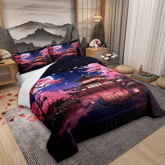 Pink Cherry Blossoms Comforter Set Queen Size,Japanese Style Building View Bedding Set for Kids Girls Women Men Bedroom Decor,Night Moon Quilt Set Romantic Exotic Duvet Insert,2 Pillowcases