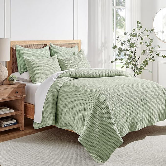Levtex Home Mills Waffle King/Cal King Quilt Set (106x92in) with 2 Pillow Shams (36x20in) - Desert Sage - 100% Cotton King Size Quilt Bedding Set - Lightweight, Soft, Pre-Washed