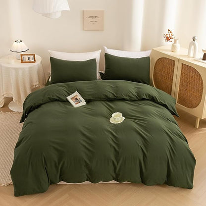ECOCOTT 3 Pieces Duvet Cover Set Twin Size 100% Washed Cotton 1 Duvet Cover with Zipper and 2 Pillowcases, Ultra Soft and Easy Care Breathable Cozy Simple Style Bedding Set (Avocado Green)