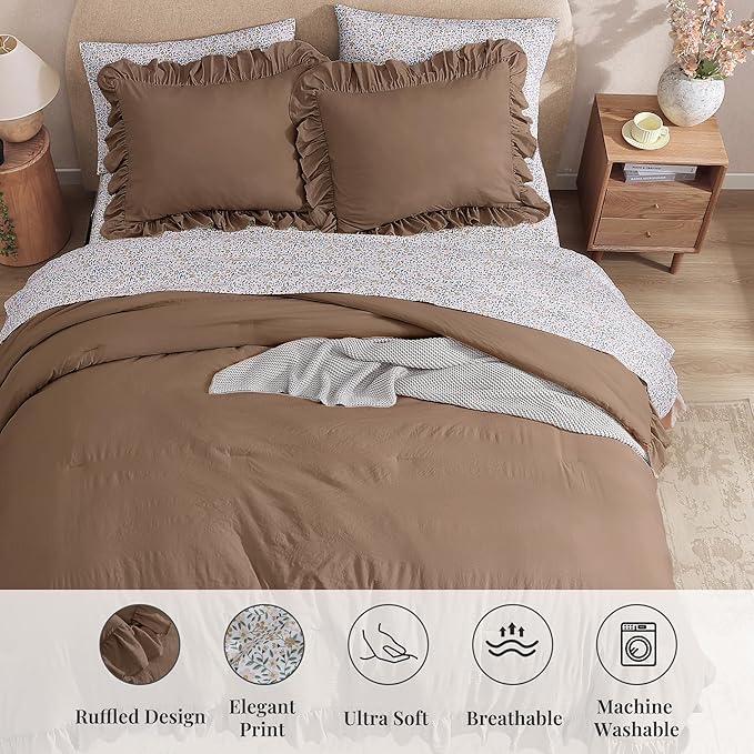 Full Comforter Set - 7 Pieces Ruffle Amber Brown Bedding Sets, Shabby Chic Farmhouse Bed in a Bag with Ruffle Comforter, Floral Sheets, Pillowcases & Shams