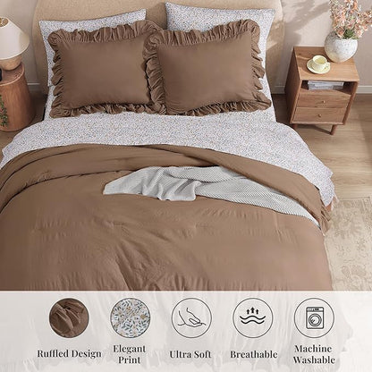 California King Comforter Set - 7 Pieces Ruffle Amber Brown Bedding Sets, Shabby Chic Farmhouse Bed in a Bag with Ruffle Comforter, Floral Sheets, Pillowcases & Shams