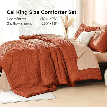 Litanika California King Comforter Set Burnt Orange, 3 Pieces Terracotta Tufted Boho Farmhouse Bedding Comforter Sets, Lightweight Fluffy All Season Comforter Set (104x96In Comforter & 2 Pillowcases)