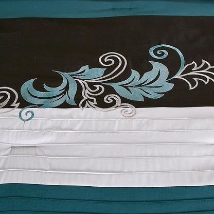 Chezmoi Collection Napa 7-Piece Luxury Leaves Scroll Embroidery Bedding Comforter Set (California King, Teal/Black/Gray)
