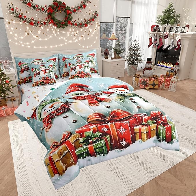 Happy New Year Comforter Set Bed in a Bag 7 Pieces King,3D Snowman Gifts Watercolor Bowknot Bedding Set,Winter Geometric Snowflakes (Comforter+Fitted+Flat Sheet+2 Pillowcases+2 Throw Pillow Covers)