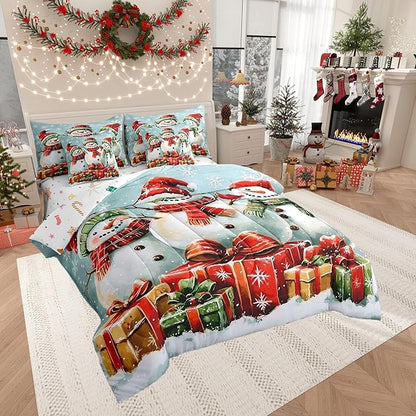 Happy New Year Comforter Set Bed in a Bag 7 Pieces King,3D Snowman Gifts Watercolor Bowknot Bedding Set,Winter Geometric Snowflakes (Comforter+Fitted+Flat Sheet+2 Pillowcases+2 Throw Pillow Covers)