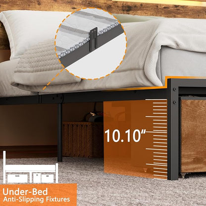 Forestell Queen Bed Frame with Wood Headboard,2 Storage Drawers & Shelf | Built-in Charging Station & LED Lights, Metal Support, No Box Spring Needed, noise-free, easy assembly, Smart RGB, USB+Type-C