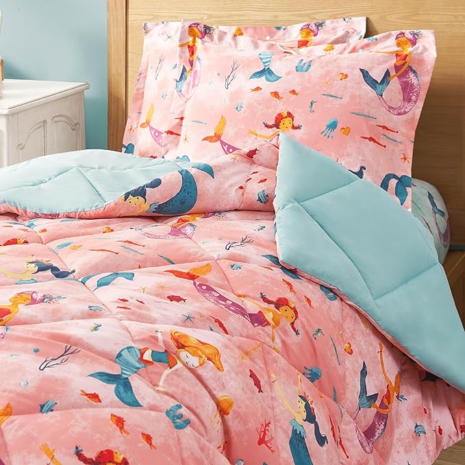 Twin Mermaid Bedding Sets for Girls, 2 Pieces Kids Twin Comforter Sets, Super Soft Lightweight for All Seasons, Includes 1 Comforter (66"x86") and 1 Pillowcase (20"x26"+2")