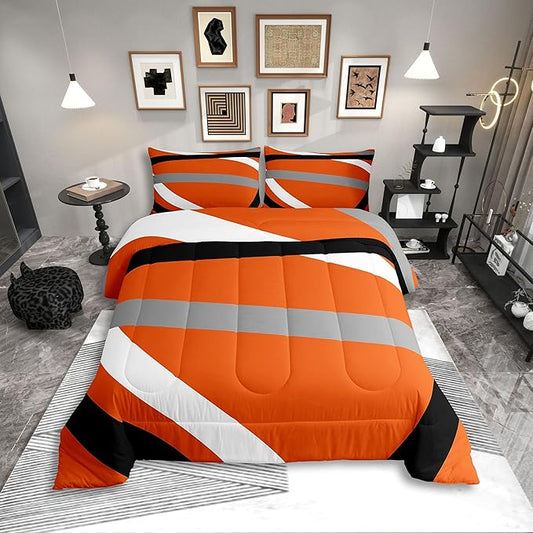 Erosebridal Orange Gray Black Striped Twin Bedding Sets for Adult Women Men Modern Abstract Comforter Set Geometric Lines Quilt Duvet Set Aesthetic Boho Bedding Collections