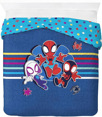 Jay Franco Duvet Cover Set – 3 Piece Comforter Cover and Sham Set, Super Soft Cozy Kids Bedding (Insert Not Included) Blue - Spidey & Friends, Full