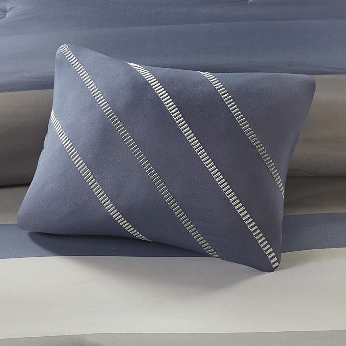 Intelligent Design Marsden Comforter Stripes Design Embroidered Toss Pillow Casual All Season Bedding Matching Sham and Complete Sheet Set, Twin, Blue/Grey 6 Piece