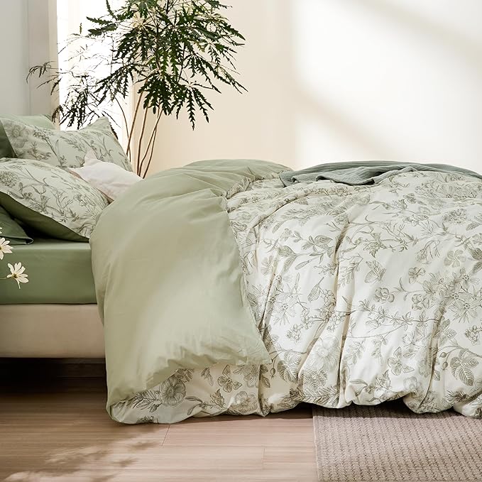Bedsure Duvet Cover Queen Size - 100% Cotton Reversible Floral Queen Duvet Cover Set with Zipper Closure, 3 Pieces Soft & Breathable PureWoven Botanical Green Bedding Set with 2 Pillow Shams 20"x26"