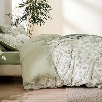 Bedsure Duvet Cover King Size - 100% Cotton Reversible Floral King Duvet Cover Set with Zipper Closure, 3 Pieces Soft & Breathable PureWoven Botanical Green Bedding Set with 2 Pillow Shams 20"x36"