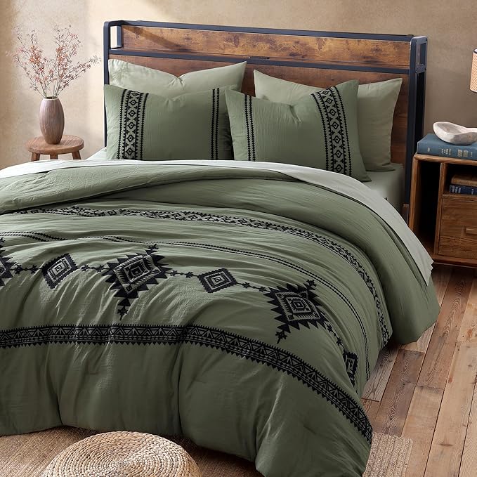 MaiRêve Embroidery Comforter Set, Boho Farmhouse Western Bedding Set, All Season Bed in A Bag Comforter Set with Sheets, Pillowcases & Shams, Olive Green California King 7 Pieces