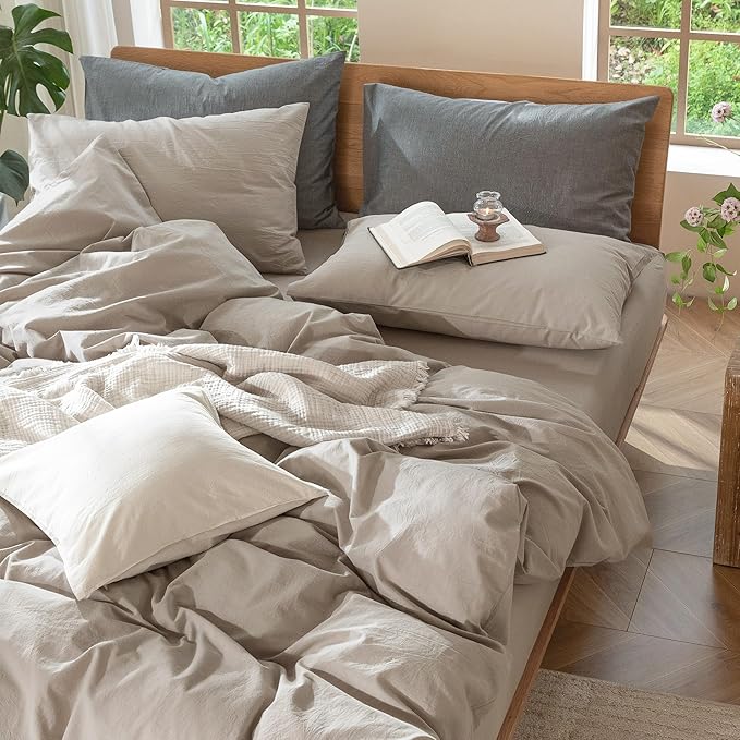 MooMee Bedding Duvet Cover Set 100% Washed Cotton Linen Like Textured Breathable Durable Soft Comfy (Solid Light Tan, Oversized King Plus 128"x120")