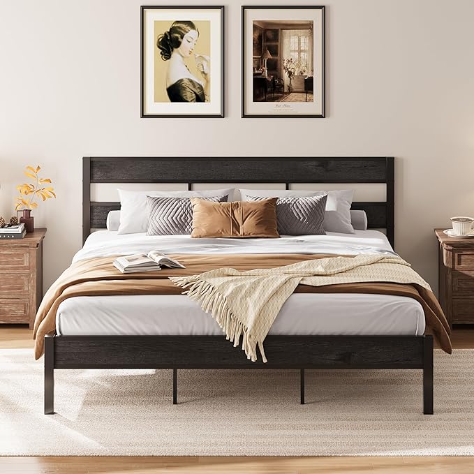 LIKIMIO King Bed Frame, with Headboard, Easy Assembly, Noise-Free, No Box Spring Needed, Heavy Strong Metal Support Frames, Charcoal Grey