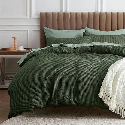 Bedsure Waffle Comforter Set Queen, Olive Green Soft Bedding, Waffle Weave Bed Set, 3 Pieces, 1 Comforter (90"x90") and 2 Pillow Shams, Cotton Shell and Polyester Lining for All Seasons