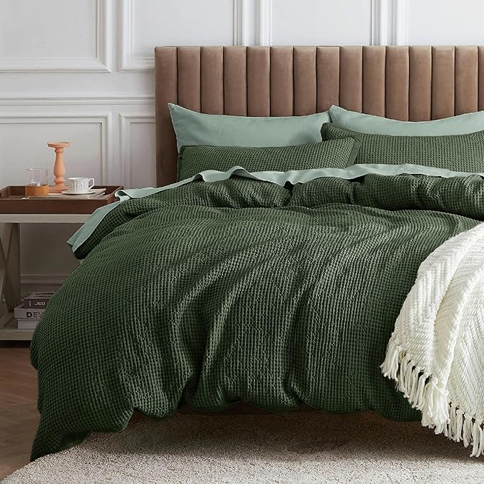 Bedsure Waffle Comforter Set King, Olive Green Soft Bedding, Waffle Weave Bed Set, 3 Pieces, 1 Comforter (104"x90") and 2 Pillow Shams, Cotton Shell and Polyester Lining for All Seasons