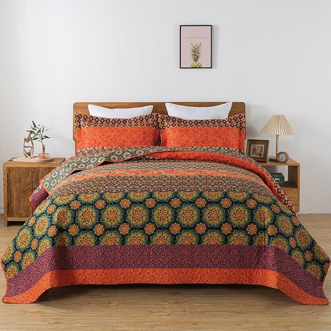 HoneiLife Quilt Sets Queen Size - 3 Pieces Microfiber Quilt Lightweight Bedspreads Wildflower Coverlets Retro Bed Cover Queen Quilt Bedding Set All Season Quilts-Pumpkin
